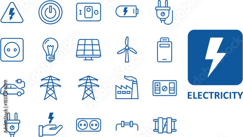 Electricity energy icons set featuring power symbols, renewable energy elements, plugs, batteries, lightbulb, solar panel, wind turbine, electricity concept