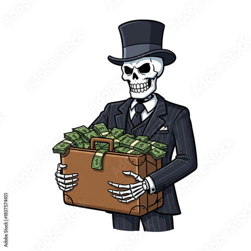 Human skull character wearing a suit and hat carrying money in a suitcase. Isolated on a white background.