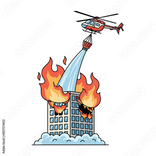 Illustration of a helicopter extinguishing a fire in a burning building, isolated on a white background.