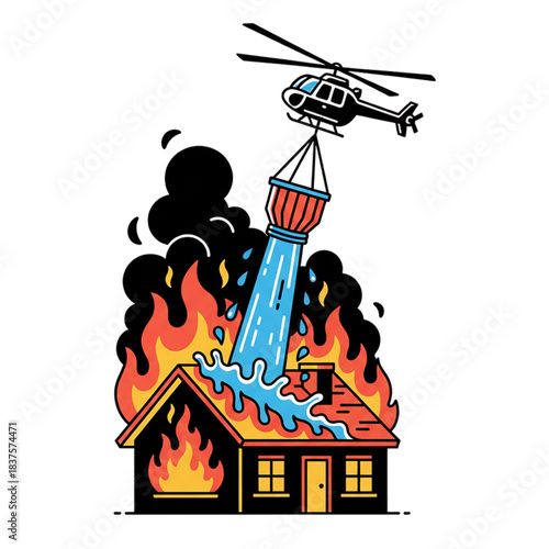 helicopter using water bag to extinguish fire in burning house, isolated on white background.