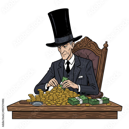 A man wearing a suit and a long hat counts a pile of money on a table. Isolated on a white background.