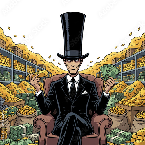 a man in a suit and a long hat is in a money warehouse. isolated on a white background.