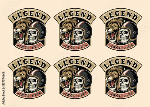 Bold vintage biker gang emblem featuring a roaring lion and a skull with helmet, perfect for edgy brand identity or motorcycle club design elements