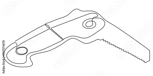 Continuous line drawing of wood saw.one line drawing of carpenter equipment saw, Hand saw continuous line drawing. Home tool for cutting wood. Simple hand drawn style vector design element.
