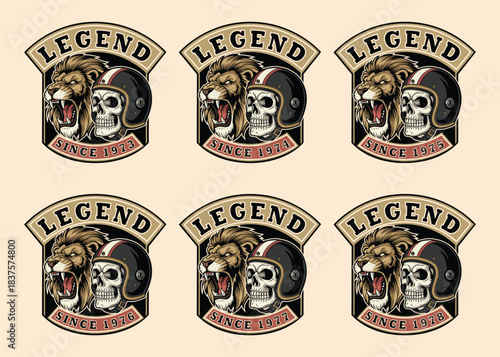 Vintage Motorcycle Club Logos featuring a Roaring Lion and Helmeted Skull design for apparel, ideal for edgy biker fashion and tattoo enthusiasts