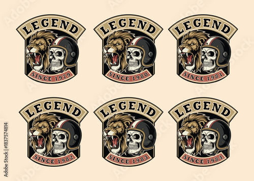 Vintage Biker Club Logos with Skull, Lion, and Helmet for Motorcycle Enthusiasts Seeking Classic Design Elements for Apparel and Branding Projects