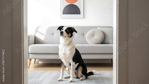 A beautiful black and white dog sitting patiently in a modern living room.
