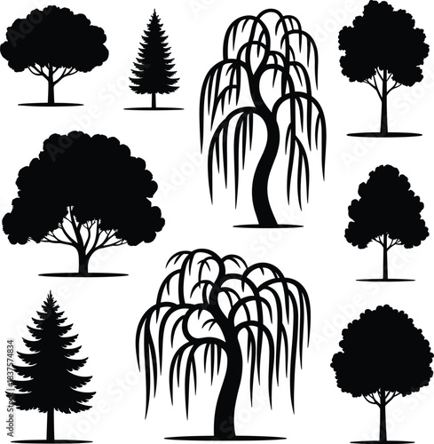 Diverse Tree Silhouette Vector Set, Including Conifer, Deciduous, and Weeping Willow Species, Black and White Landscape Design Elements Collection, Nature Park Environment Icons