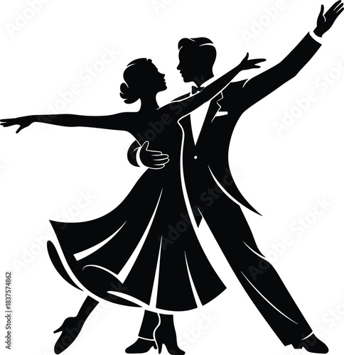 Elegant Ballroom Dancing Couple Silhouette Vector, Featuring Man and Woman in a Classic Waltz or Tango Pose, Ideal for Dance Studio and Romantic Event Design