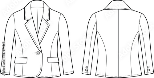 CAD drawing flat vector illustration of women blazer jacket with lapel collar, front and back view, fashion garment, apparel template, outline sketch