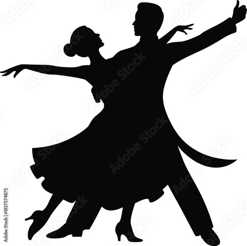 Elegant Ballroom Dance Couple Silhouette Vector Illustration, Man and Woman in Dramatic Formal Pose, Tango or Waltz, Romantic Love and Celebration Graphic Design Element