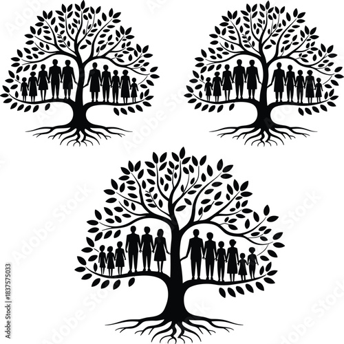 Genealogy Family Tree of Life Silhouette, Heritage Symbol for Ancestry Research and Legacy, Black and White Vector Illustration of Generations, United People Logo Icon