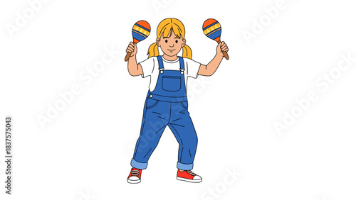 Young girl with blonde pigtails wearing blue overalls and white t-shirt plays colorful maracas against a black background with a vibrant energetic pose and joyful expression