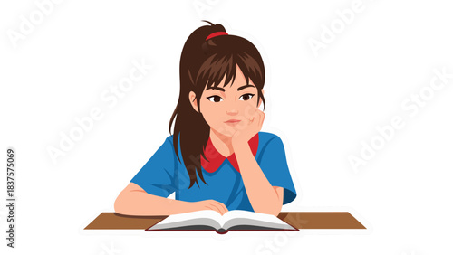 Young girl with brown hair in a blue shirt and red collar resting her head on her hand while looking bored at an open book on a wooden desk, isolated on black background, studio lighting