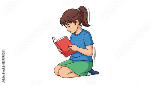 Young Girl With Brown Ponytail Wearing Blue T Shirt And Green Skirt Sitting On Floor Reading A Red Book With Black Background