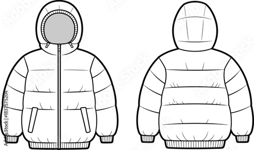 Cad drawing flat vector illustration, puffer jacket technical sketch, winter outerwear fashion design, hooded coat template, quilted jacket pattern