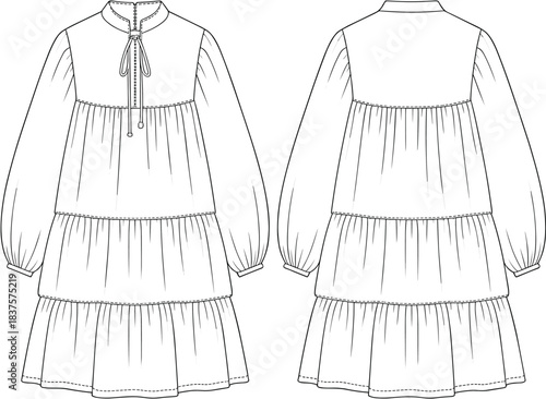 CAD drawing flat vector illustration, tiered dress design template, fashionable garment, sewing pattern sketch, long sleeve clothing, fashion art