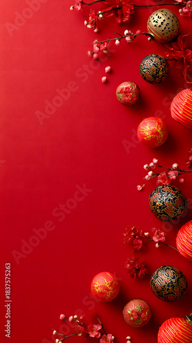 Festive Chinese New Year Decorative Background, featuring a bright red backdrop adorned with traditional Chinese aesthetics ornaments.