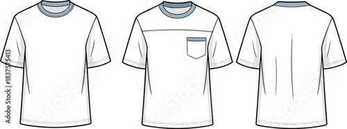 cad drawing flat vector illustration, white t-shirt with blue collar and chest pocket, short sleeve, front, side, back views