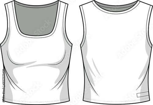 cad drawing flat vector illustration, women’s sleeveless fitted tank top with wide square neckline and subtle contour shading, fashion garment template