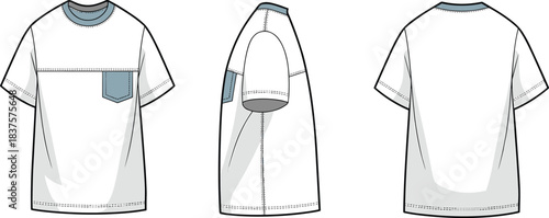 cad drawing flat vector illustration, white unisex short-sleeve t-shirt with blue collar, chest pocket, side view and back view