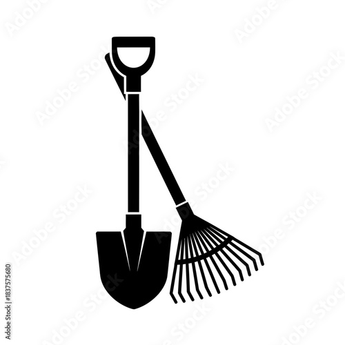 Shovel and rake ready for spring gardening, vector design for landscaping, lawn care, and outdoor projects, planting season, and garden maintenance