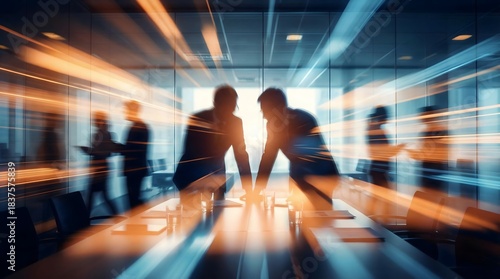 Dynamic corporate meeting scene with silhouetted business professionals discussing strategy in a modern office environment with motion blur atmosphere