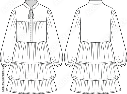 CAD dress flat vector illustration, fashion design sketch front and back, tiered long sleeve outfit, stylish elegant clothing concept
