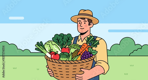 Happy farmer harvesting fresh organic vegetables in woven basket, promoting healthy eating and sustainable agriculture in rural community, farm fresh produce