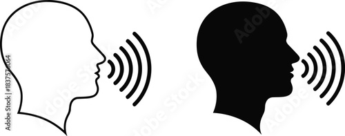 Silhouette profile heads speaking with sound waves, communication concept, voice transmission, human interaction, audio signal, speech technology vector art