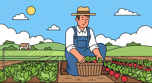 Happy farmer harvesting fresh radishes and lettuce on a sunny day, showcasing sustainable agriculture and healthy eating habits in the countryside