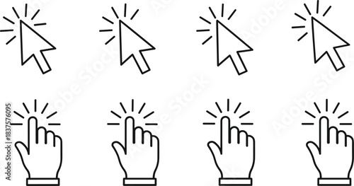 Click intensity icons set with cursor and hand pointer gestures showing progressive interaction levels for UI, UX, app, and web design.