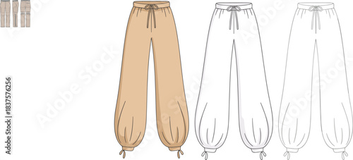 Cargo pants CAD drawing, flat vector fashion illustration with drawstring waist and cuffs, flap pockets, beige color, multi-view layout