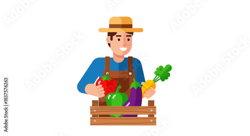 Happy farmer holding fresh harvest of vibrant vegetables in wooden crate, showcasing the bounty of the farm and healthy eating from farm to table