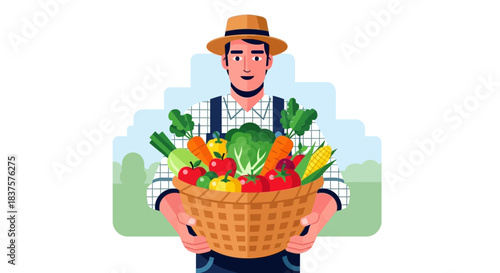 Farmer proudly carries a basket overflowing with fresh vegetables, promoting healthy eating and local agriculture, embodying the spirit of harvest season