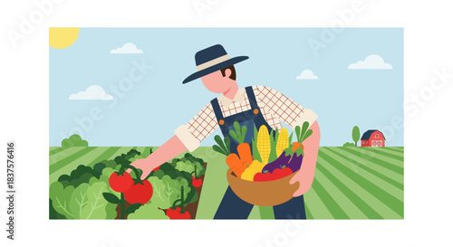 Farmer Harvesting Fresh Vegetables on Sunny Farm, Promoting Healthy Eating and Sustainable Agriculture, Ideal for Food and Lifestyle Brands
