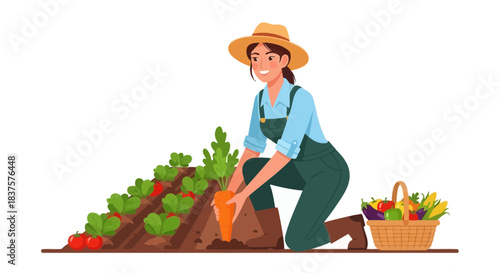 Happy harvest season, woman farmer tending vegetable garden, planting carrots with basket full of fresh produce, farm to table lifestyle appeal