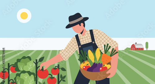 Fresh harvest bounty from the farm with farmer and ripe vegetables, embodying healthy eating and farm to table lifestyle, perfect for food and health campaigns
