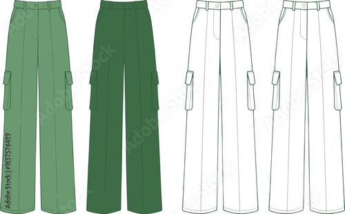 Cargo pants CAD drawing, flat vector fashion illustration with green color options, flap pockets, button waist, wide-leg outline views
