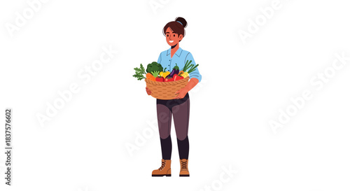 Cheerful farmer carrying a basket brimming with fresh vegetables, a bounty from the harvest perfect for a health food campaign or organic market promotion
