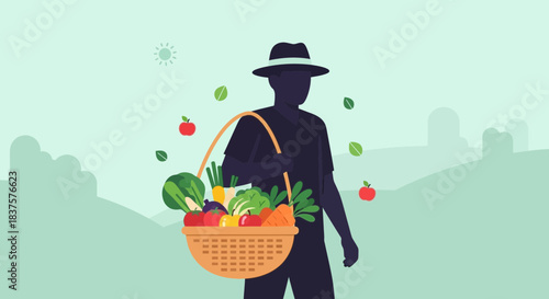 Farmer carries fresh harvest of organic vegetables and fruits in basket, embodying healthy eating and sustainable agriculture for farm-to-table lifestyle