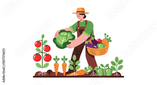 Happy farmer harvests fresh organic vegetables from her garden, carrying cabbage and a basket of tomatoes, carrots, peppers and eggplants, growing food