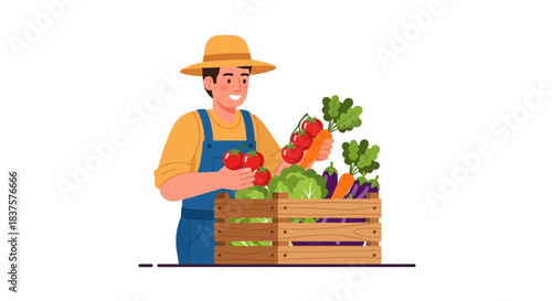 Cheerful farmer harvesting fresh organic vegetables, showcasing bountiful produce from local farm, promoting healthy eating and sustainable agriculture practices
