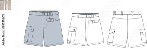 Cargo shorts CAD drawing, flat vector fashion illustration with buckle belt, flap pockets, zip closures, front and back views