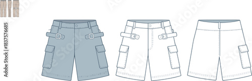 Cargo shorts CAD drawing, flat vector fashion illustration with buckle details, dual pocket styles, simplified back view variation