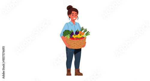Happy farmer carrying a basket full of fresh organic vegetables, promoting healthy eating and sustainable agriculture, showcasing the harvest bounty