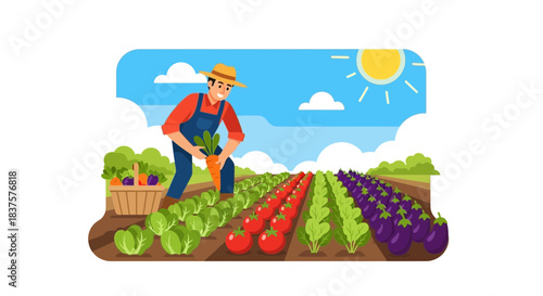 Happy farmer harvesting organic vegetables in sunny garden, fresh produce and healthy living, farm to table lifestyle, sustainable agriculture concept