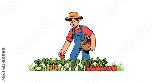 Happy farmer harvesting fresh organic vegetables, picking tomatoes and carrots in his garden with love and care, farm to table lifestyle