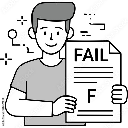 Man holding a paper with the word FAIL and the letter F indicating a bad grade or result in an academic or professional setting
