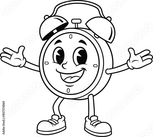 Cartoon alarm clock, smiling face, anthropomorphic character, cute timepiece, children’s illustration, happy clock, educational design, playful morning concept, vector art